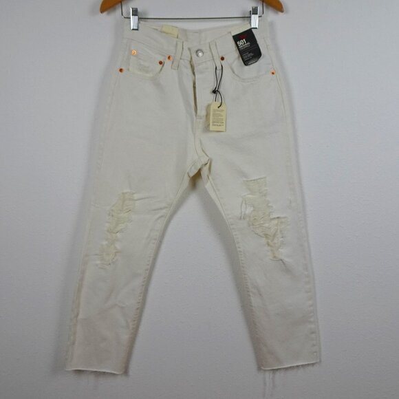 Levi's 501 Cropped Jeans Women's 27x26 White Denim Distressed Button Fly - Picture 1 of 13